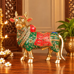 Brass Nandi Bull Idol with Intricate Stonework – Sacred Nandi Statue for Mandir Décor (Height:11 Inches)