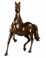 Brass galloping horse figurine, dark bronze finish, front-left view