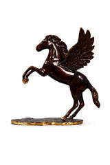 Brass flying pegasus horse figurine, side view with spread wings and raised front legs