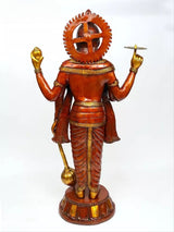 AONA brass four-armed Vishnu idol from back, circular halo and carved ornaments.