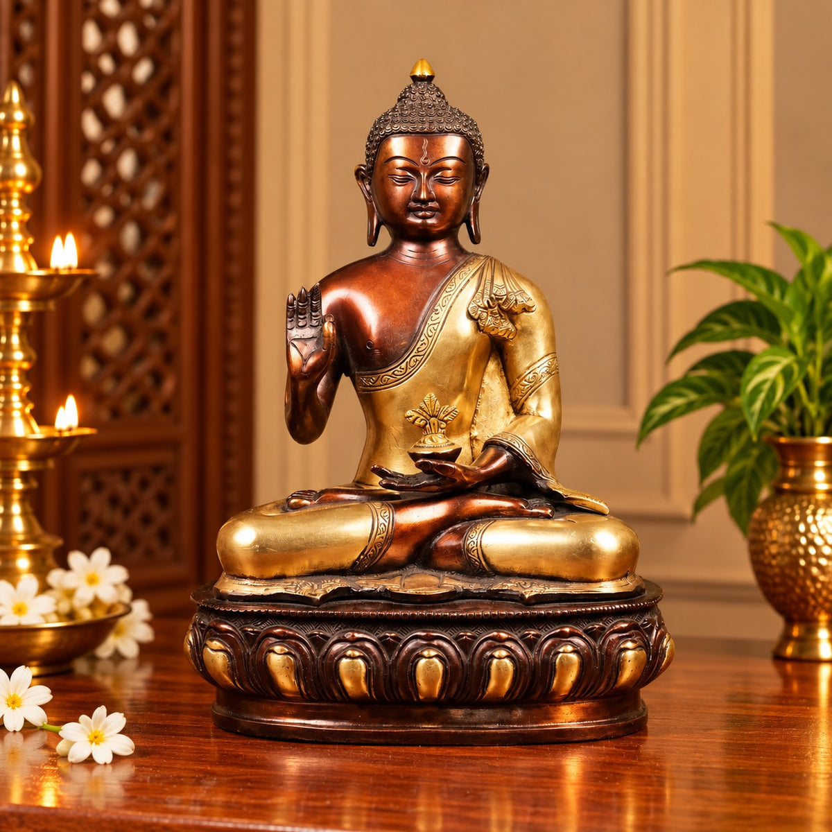 Handcrafted Brass Buddha Idol with Lotus Base – Elegant Spiritual Décor for Home & Temple (Height:13 Inches)