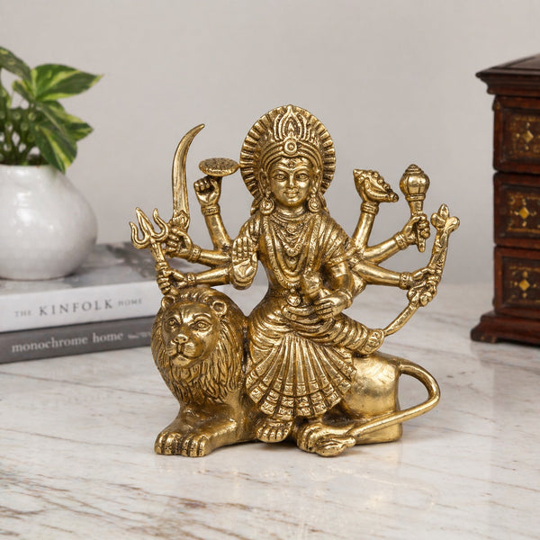 Brass Goddess Durga Idol (Sherawali Mata / Ambe Maa) – Divine Murti for Pooja, Vastu & Home Décor | Elegant Mata Rani Showpiece | Ideal Spiritual Gift  (Height:4.25 Inches)