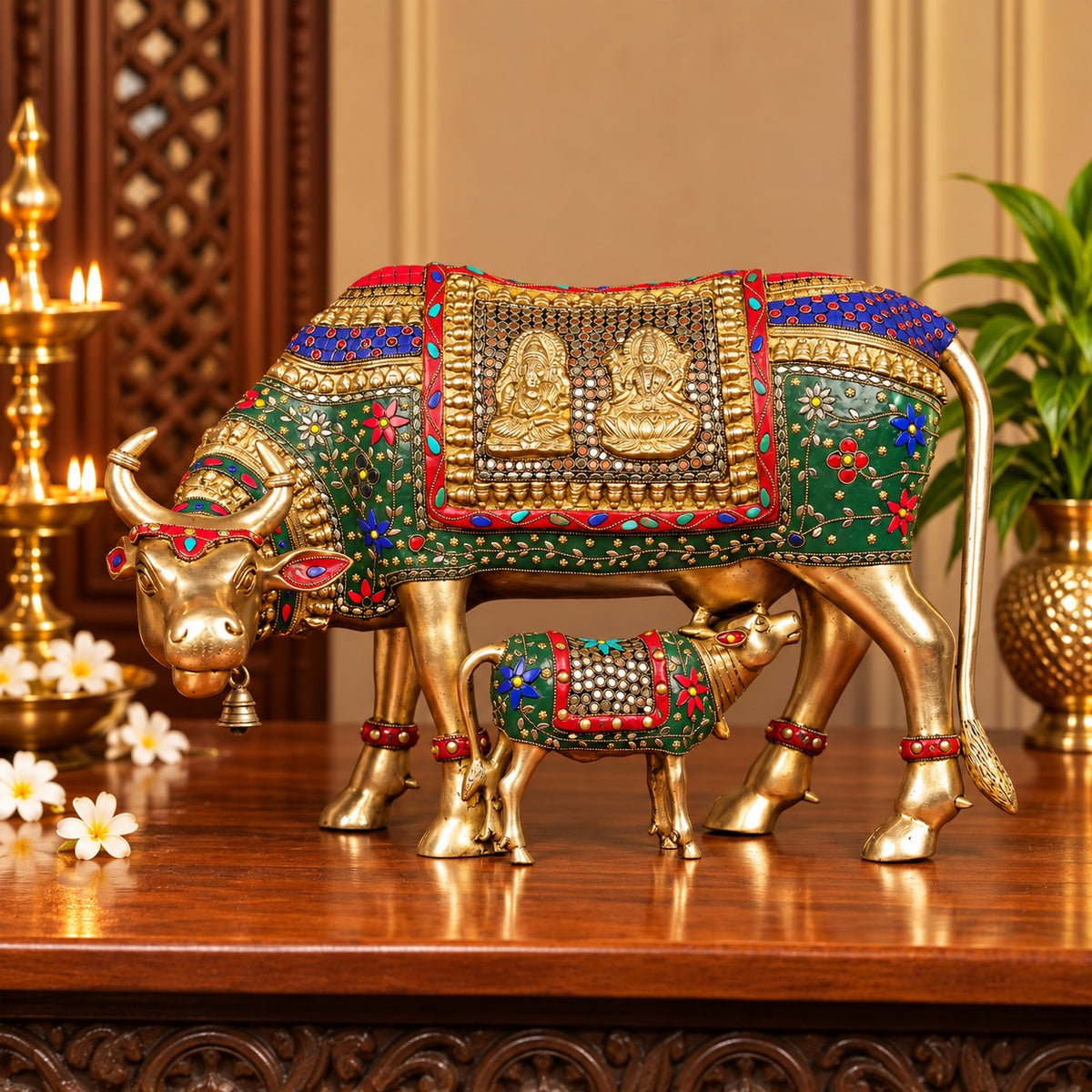 Brass Cow with Calf Statue – Handcrafted Gau Mata Idol with Stonework (Height:15 Inches)