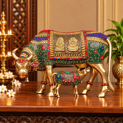 Brass Cow with Calf Statue – Handcrafted Gau Mata Idol with Stonework (Height:15 Inches)