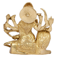 Brass Durga idol back view, detailed dress, lion base and circular halo
