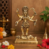 Brass Mahakali idol with Lord Shiva, gold-finish standing pose on ornate base