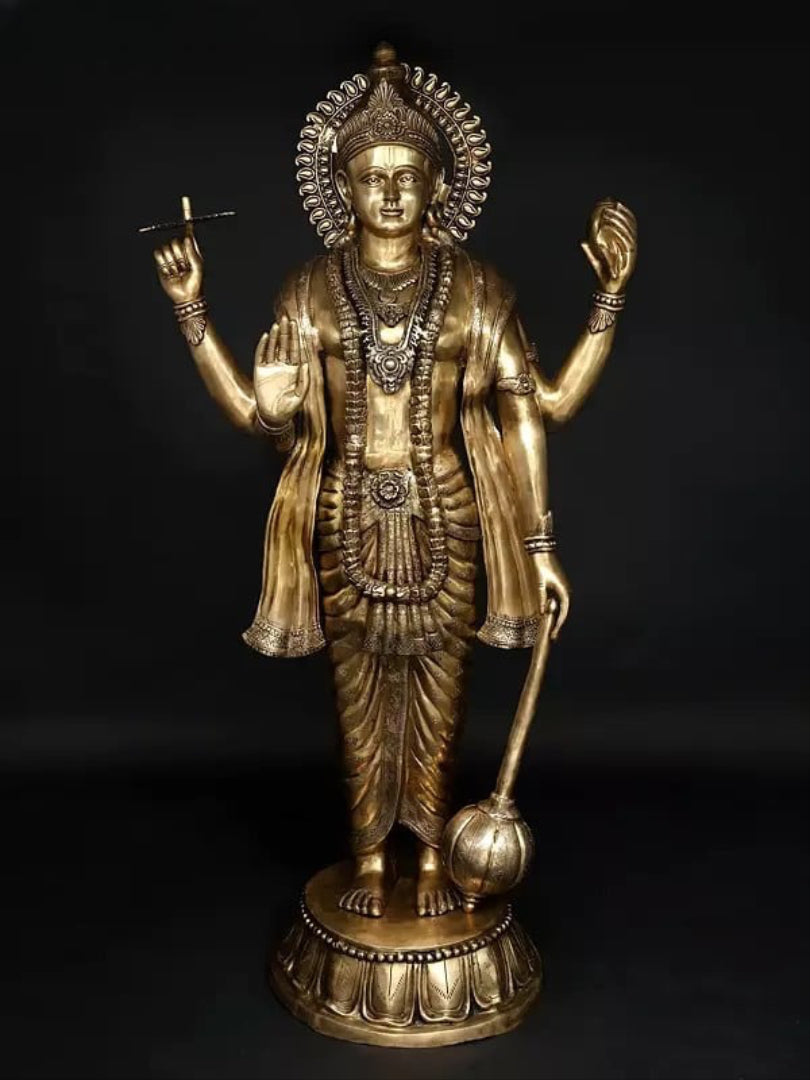 Brass Huge Four Armed Standing Lord Vishnu Idol (Height 72 Inches)