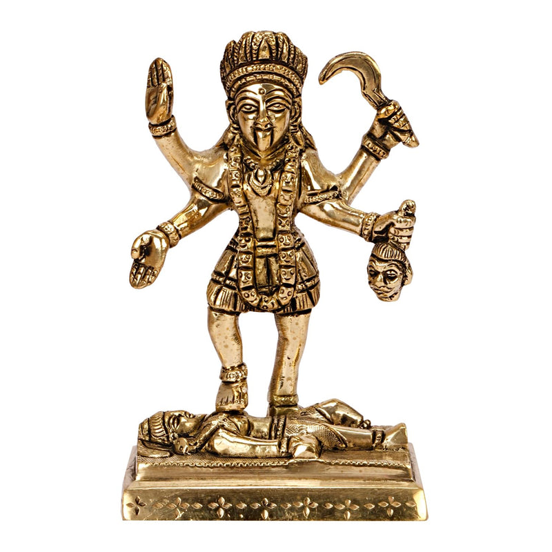 Brass Goddess Mahakali Idol with Lord Shiva (Adi Shakti Maa Kalika) – Divine Kali Mata Murti for Pooja & Home Décor | Gold Finish  (Height:6 Inches)