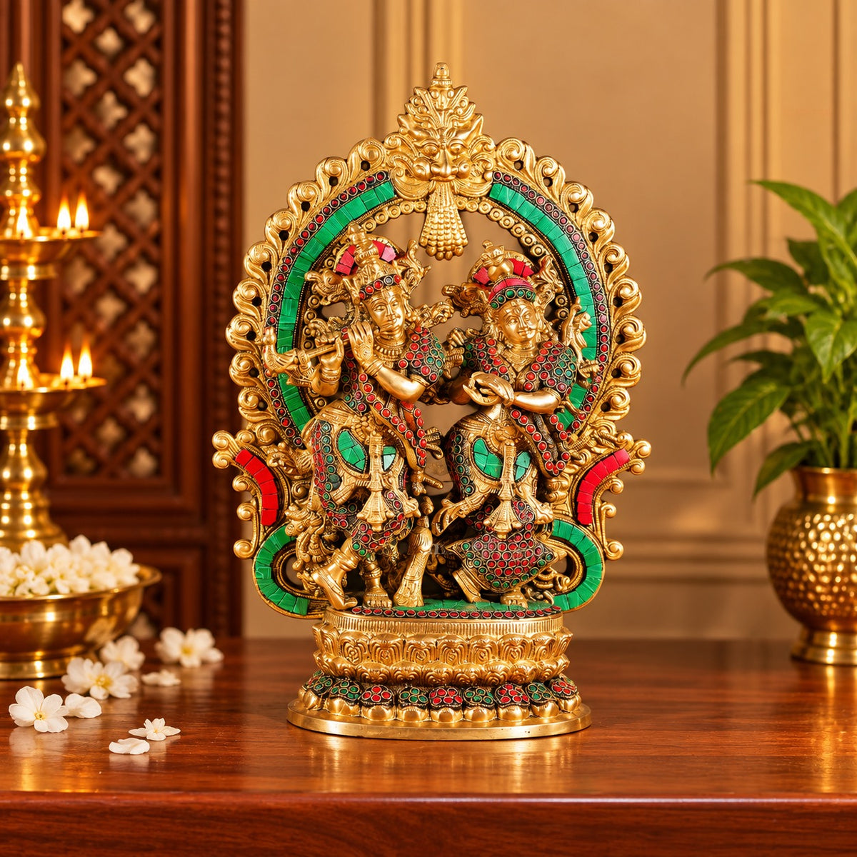Brass Radha Krishna Idol with Intricate Stonework | Decorative Hindu God Statue for Home Temple (Height: 16 Inches)