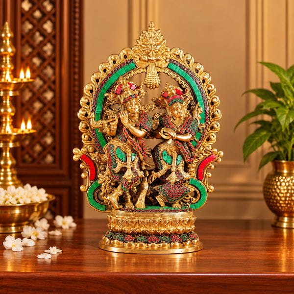 Brass Radha Krishna Idol with Intricate Stonework | Decorative Hindu God Statue for Home Temple (Height: 16 Inches) Mandir Setting