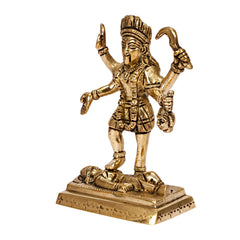Gold-finish Mahakali statue with detailed jewelry, four-arm pose on engraved pedestal