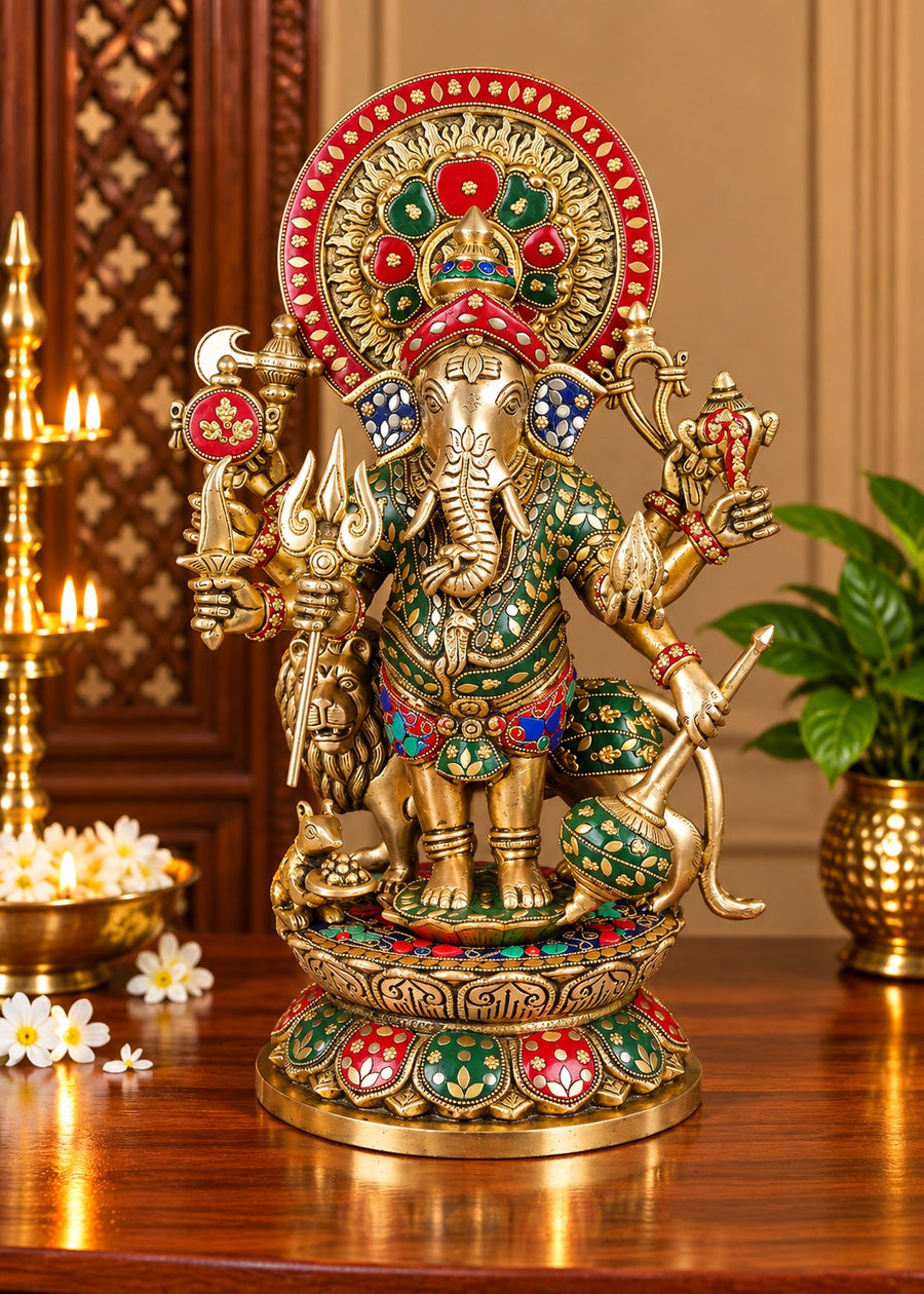 Brass Ganesha idol statue with lion, multi-armed, jeweled detail and colorful accents
