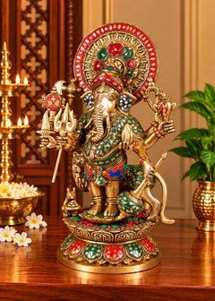 Brass Drishti Ganesha Statue with Lion | Traditional Hindu Idol for Pooja and Home Temple (Height: 17 Inches)