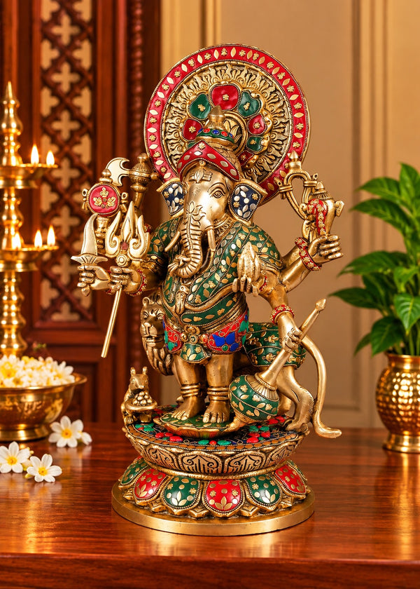 Brass Drishti Ganesha Statue with Lion | Traditional Hindu Idol for Pooja and Home Temple (Height: 17 Inches) Study Setting