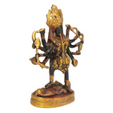 Kalika Maa brass idol side view, multiarms holding weapons, ornate base