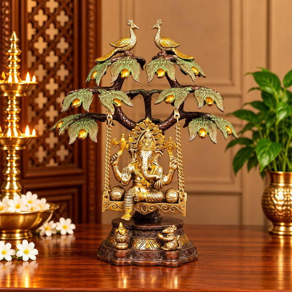 Brass Lord Ganesha Statue on Swing with Tree | Traditional Decorative Ganesh Idol (Height: 16.5 Inches) Mandir Setting