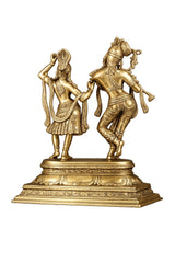 Brass Radha Krishna statue, Radha and Krishna in dancing poses, detailed pedestal