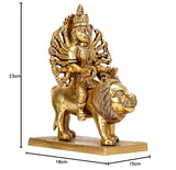 Brass Durga idol seated on lion, full view with base and detailing, 23 cm height