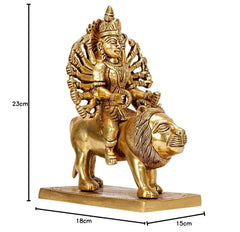 Brass Durga idol seated on lion, full view with base and detailing, 23 cm height