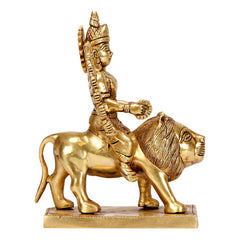 Rear side of brass Durga idol on lion, goddess holding pose, square base