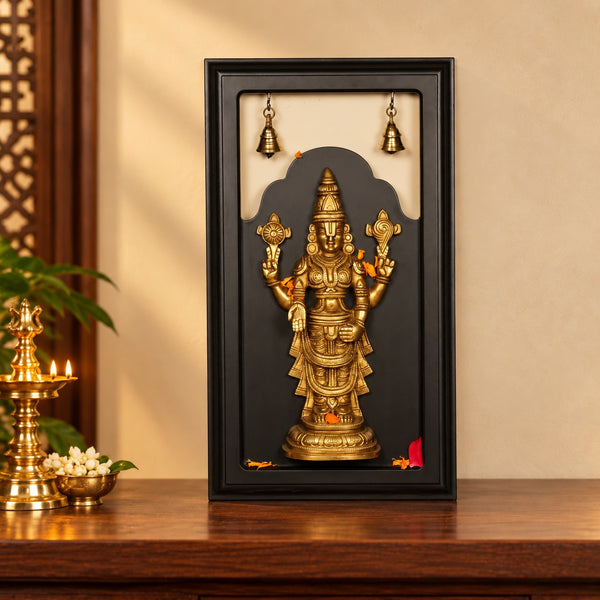 Tirupati Balaji Brass Wall Hanging with Bells and Frame (Height: 18 Inches) Mandir Setting