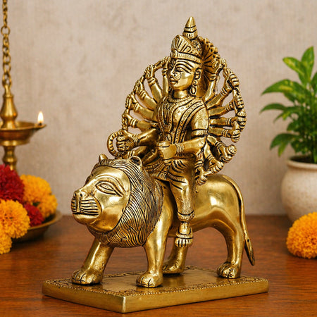 Brass Goddess Durga Idol Seated on Lion (Sherawali Maa / Vaishno Devi / Modeshwari Mata) – Divine Murti for Home Mandir, Office Décor & Navratri Pooja (Height:9 Inches)