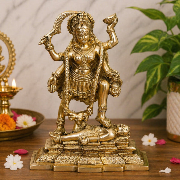 Brass Goddess Kali Idol with Lord Shiva – Divine Murti for Temple Pooja, Spiritual Décor & Elegant Showpiece (Height:7.5 Inches)