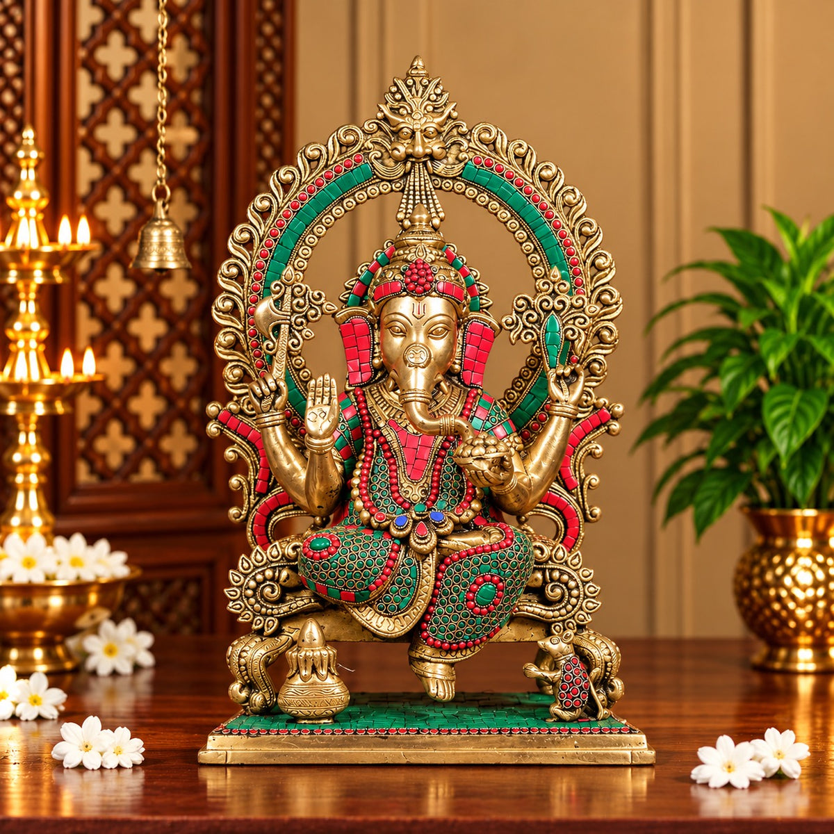 Brass Lord Ganesha on Sinhasan with Stonework (Height: 18 Inches)