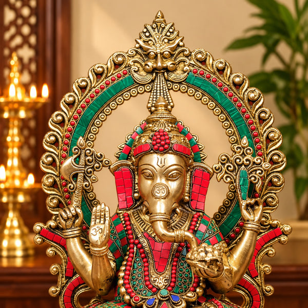 Brass Lord Ganesha on Sinhasan with Stonework (Height: 18 Inches) Study Setting