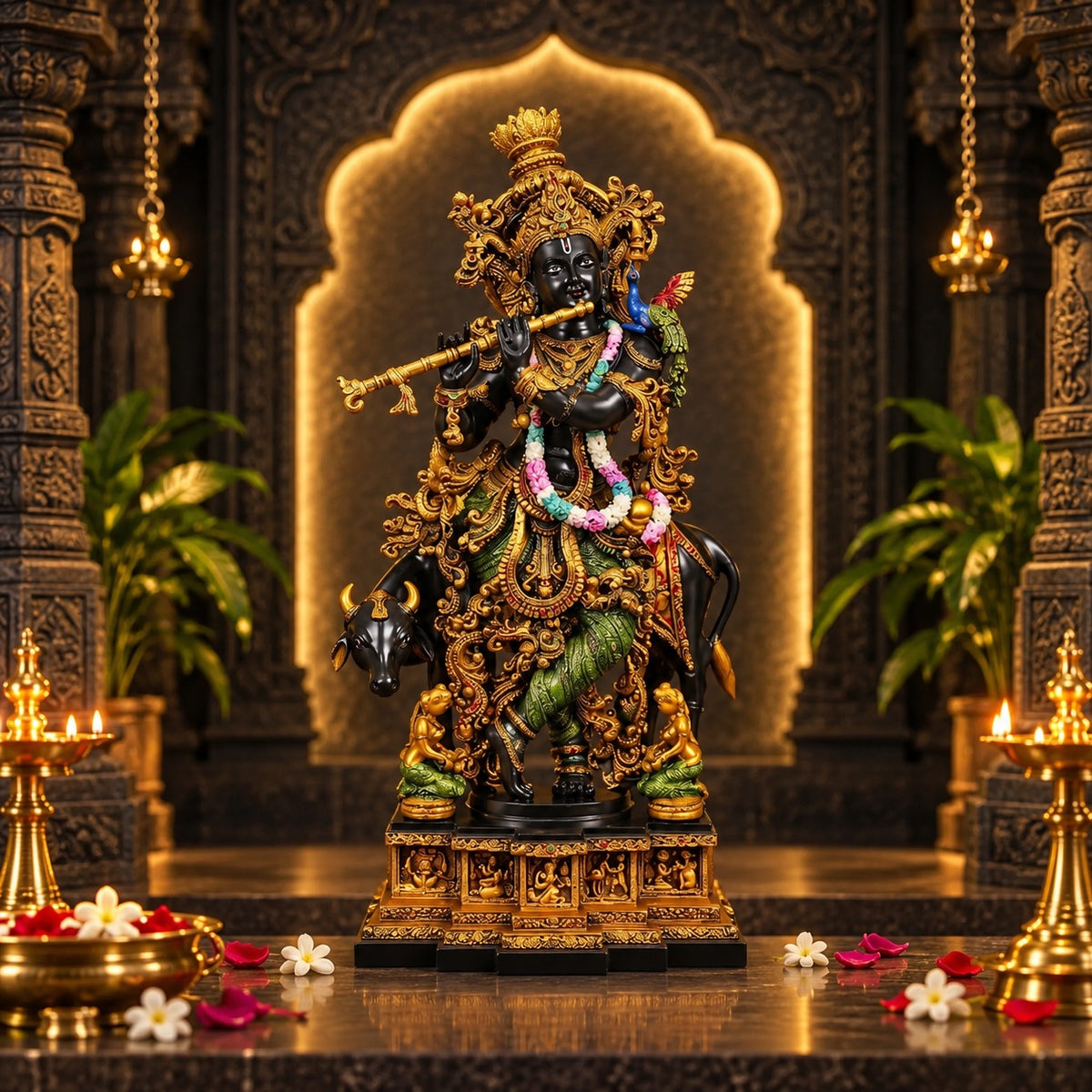 Krishna with Cow Brass Idol – Hand-Painted Large Murti for Home Temple (Height: 28 Inches)