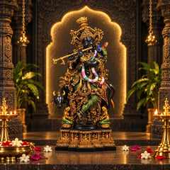 Krishna with Cow Brass Idol – Hand-Painted Large Murti for Home Temple (Height: 28 Inches)