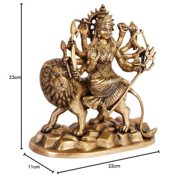 Brass Goddess Durga Idol Seated on Lion (Sherawali Maa / Vaishno Devi) – Sacred Murti for Home Mandir, Office, Living Room & Shop Décor | Ideal Gift for Navratri Pooja (Height:9 Inches) Study Setting