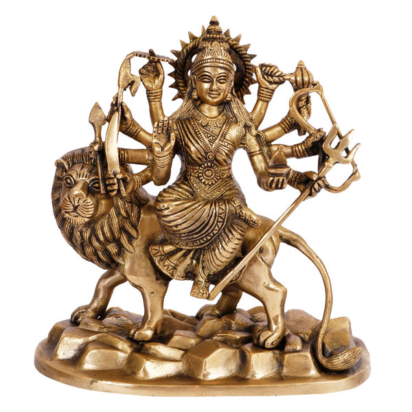 Brass Goddess Durga Idol Seated on Lion (Sherawali Maa / Vaishno Devi) – Sacred Murti for Home Mandir, Office, Living Room & Shop Décor | Ideal Gift for Navratri Pooja (Height:9 Inches) Entryway Setting