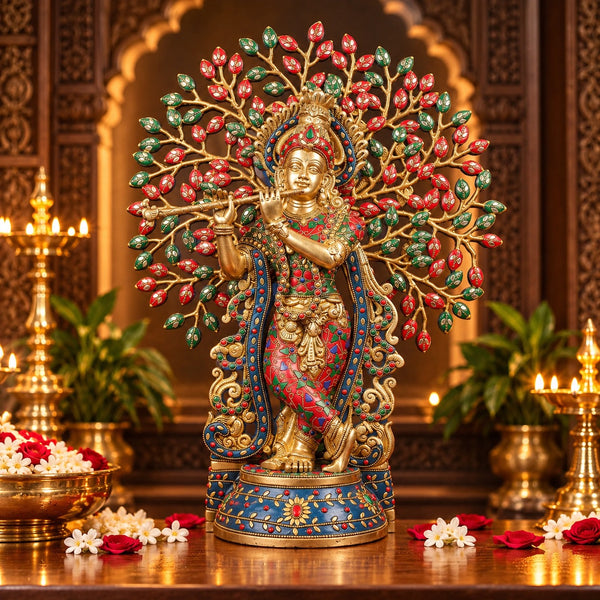 Brass Lord Krishna with Tree of Life & Stonework – Luxury Handcrafted Idol (Height: 21.5 Inches) Mandir Setting