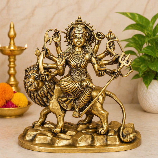 Brass Goddess Durga Idol Seated on Lion (Sherawali Maa / Vaishno Devi) – Sacred Murti for Home Mandir, Office, Living Room & Shop Décor | Ideal Gift for Navratri Pooja (Height:9 Inches)
