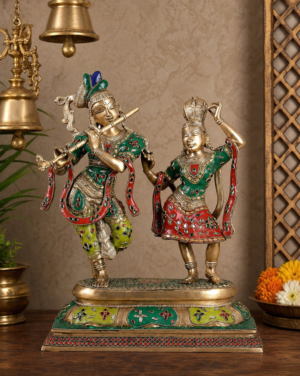 Handcrafted Pure Brass Radha Krishna Dancing Sculpture – Multicolour Design (Height: 18 Inches)