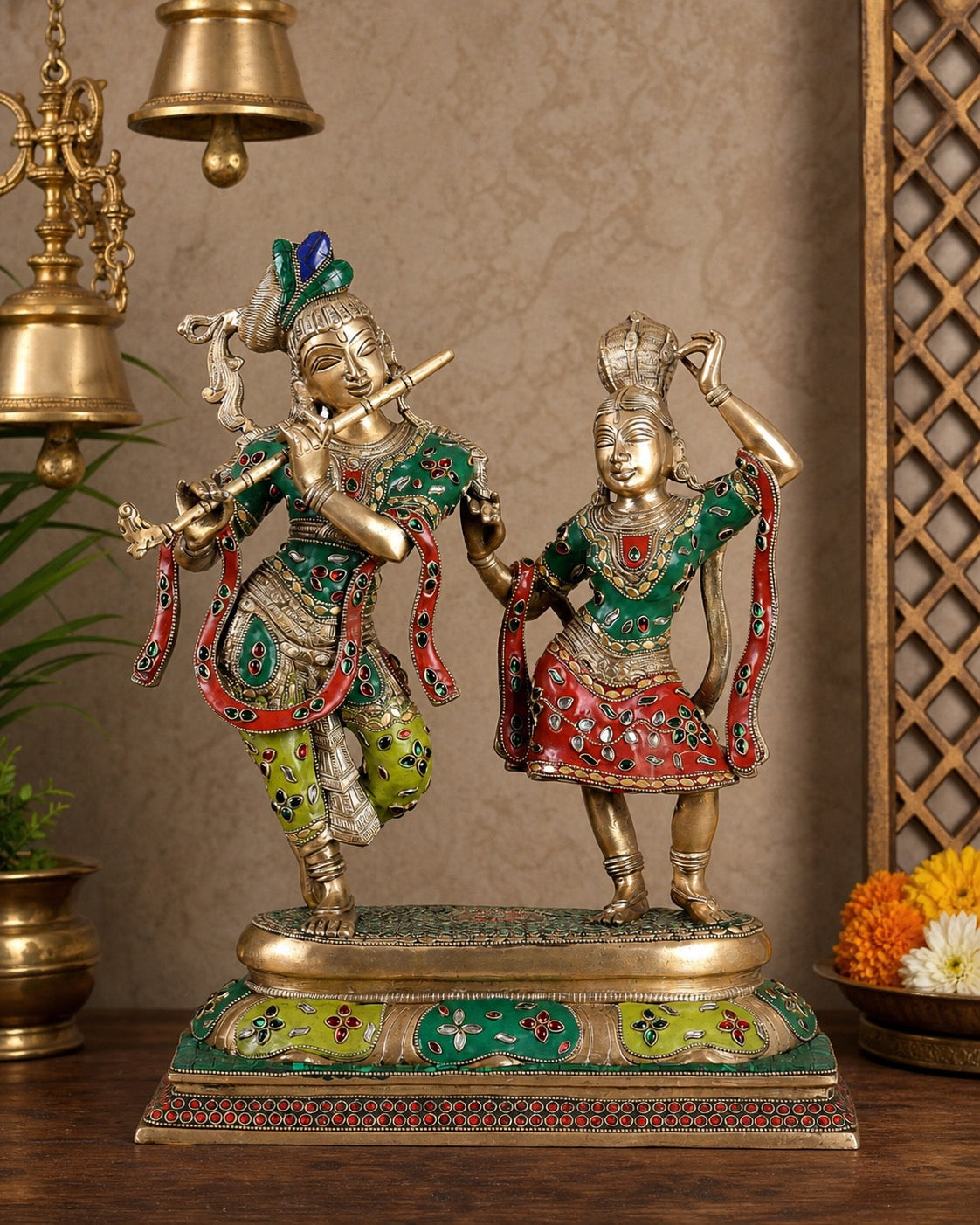Handcrafted Pure Brass Radha Krishna Dancing Sculpture – Multicolour Design (Height: 18 Inches)