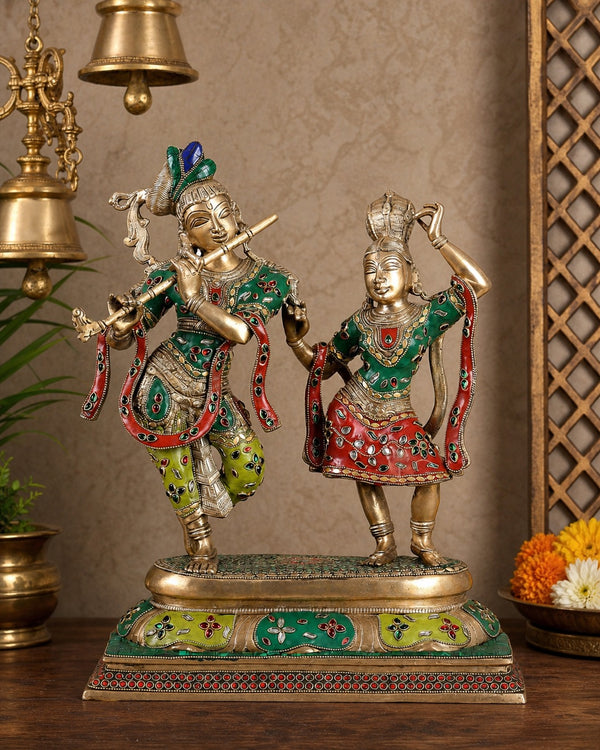 Handcrafted Pure Brass Radha Krishna Dancing Sculpture – Multicolour Design (Height: 18 Inches)
