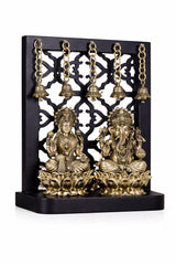 AONA Brass Ganesha Lakshmi idol with hanging bells, seated on lotus base