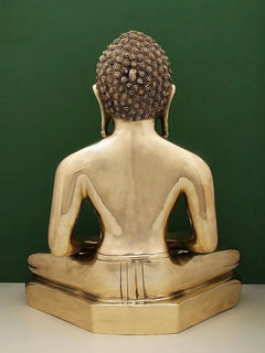 Superfine brass Jain Bhagwan statue, rear view, detailed hair curls and back shoulders