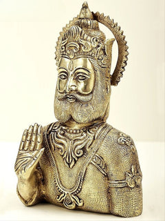 Brass Maharaja Agrasen bust statue, side view with engraved beard and layered necklaces