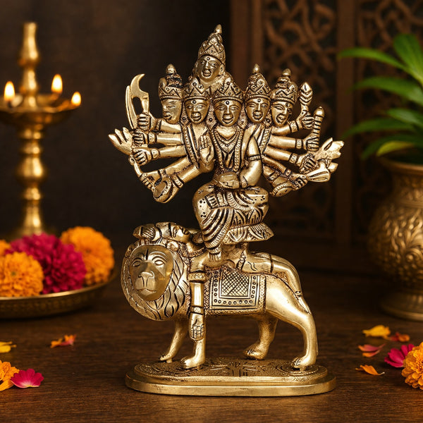 Brass Goddess Kamakhya / Durga (Sherawali) Idol – Tripura Sundari Mata Statue for Home Décor, Mandir & Pooja Temple | Sacred Spiritual Showpiece (Height:8.5 Inches)