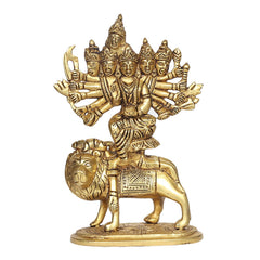 Brass Tripura Sundari idol riding a lion, layered multi-headed goddess figure