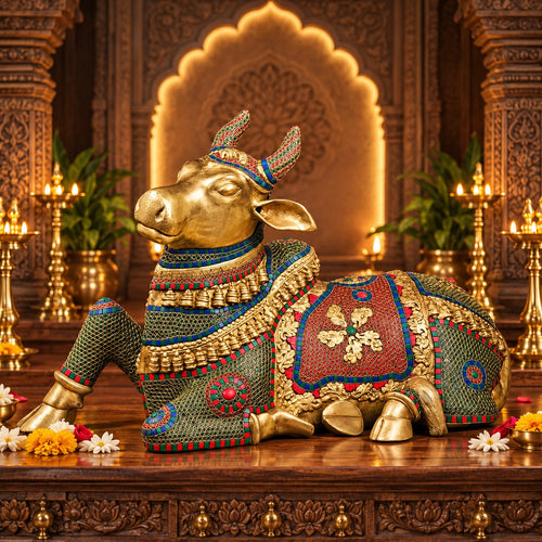 Brass Nandi Cow Sitting Statue with Intricate Stonework (Height:21 Inches)