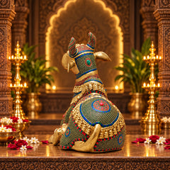 Brass Nandi Cow Sitting Statue with Intricate Stonework (Height:21 Inches)