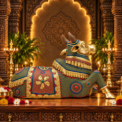 Brass Nandi Cow Sitting Statue with Intricate Stonework (Height:21 Inches)