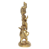 Brass goddess idol on lion, rear view showing crown and standing poses