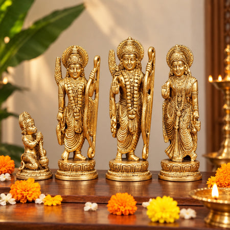 Brass Ram Darbar Statue Set of 4 – Traditional Ram Parivar Idol for Home Temple (Height:7 Inches)