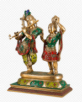 Brass Radha-Krishna dancing sculpture, green and red painted garments on golden base