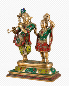 Brass Radha-Krishna dancing sculpture, green and red painted garments on golden base